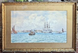 Martin Snape (1852-1930): Harbor - antique watercolor, late 19th century - Ships, sea, Great Britain