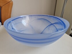 Vintage üveg kínáló / dekoratív tál – kék-fehér, átmérője 24cm, magassága 11cm