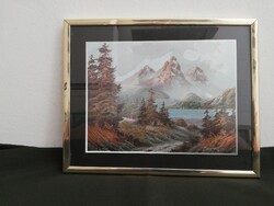 Retró fémfólia kép – Hegyvidéki tó fenyvesekkel (25x20 cm)