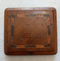 Antik I. világháborús intarziás fa cigarettatárca frontemlék Catania, 1917, FJ monogram