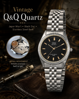 Vintage Q&Q Quartz 30M japán karóra – fekete számlap, fém szíj, javítandó