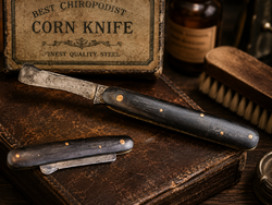 Antik Corn Knife chiropodista tyúkszemkés – szarunyél, összecsukható, kb. 1900–1925