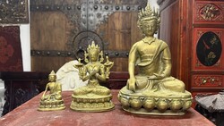 3 db réz Buddha szobor, buddhizmus, keleti, ázsiai, japán, kínai