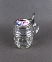 2B261 Antik porcelánbetétes ónfedeles metszett fújtüveg söröskorsó