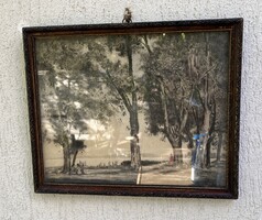 Herman Lipót ,Balaton tájkép rézkarc, üvegezett antik keretben
