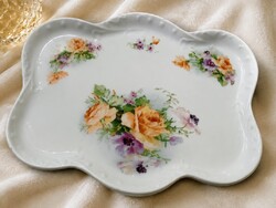 Régi virágmintás porcelán fésülködő-/pipereasztali tálca – 30 × 24 cm – 973-as formaszám