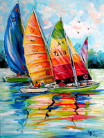 Sailboats in the wind on lake Balaton- acrylic painting / Vitorlások a szélben a Balatonon