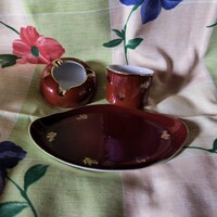 Ritka Ćmielów bordó-arany porcelán dohányzó készlet az 1960-as évekből