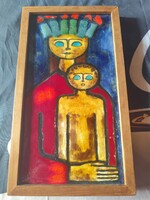 Andróczi Alajos: Madonna gyermekkel – Nagyméretű, jelzett samott kerámia falikép (40×21 cm)