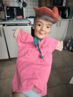 Vintage kesztyűbáb, Gumi fejű,pink ruhás vadász báb eladó!