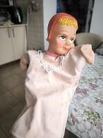 Vintage kesztyűbáb, Gumi fejű,rózsaszín ruhás kislány eladó!