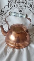 Vintage vörösréz teáskanna / vízforraló – festett porcelán fogantyúval