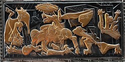 Vintage , Pablo Picasso „Guernica” vörösréz dombormű fa táblán (1970/80-as évek)