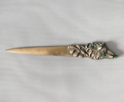 Antik bronz/rézötvözet levélbontó kés – Vaddisznó és tölgyfa motívummal (25 cm)