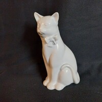Ritkább Herendi porcelán ülő fehér macska / cica masnival – 11,5 cm