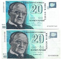 2 x 20 márka markkaa 1997 Litt A Finnország különböző aláírások