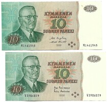 2 x 10 márka markkaa 1980 Finnország Különböző aláírások