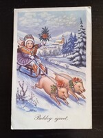D210497  Újévi képslap 1930-40  grafikus: Nemes - malacfogat- pártás kislány szánkón