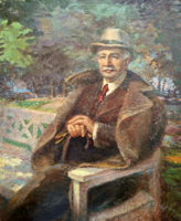 M. Tímár István: Padon ülő - hatalmas 120x100 cm olaj-vászon kép - Kalapos férfi portréja - Parkban