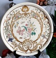 Antik, kézzel festett porcelánfajansz dísz tál, tálca, talán Schütz Cilli