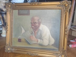 Mesterházy Dénes: Nagyapa olvas – Olaj, vászon festmény barokk keretben (48x39 cm)