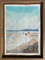 Bálinth Tibor Playing on the beach 32x23cm tengerparti akvarell