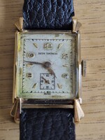 Vintage Seth Thomas Watch with Gold Plating, Square (Art Deco Tank Style) Case, and Black Leather Strap