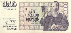 1000 krónur korona 1961 mars 29. Izland signo 49 alig látszó hajtásnyom