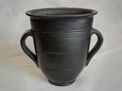 Fekete kerámia ovális váza kaspó Karcagi Népművészeti és Agyagipari Háziipari Szövetkezet 17x8x15cm