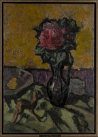 Pap Gyula - Virágcsendélet őzike szoborral 70 x 50 cm olaj, vászon