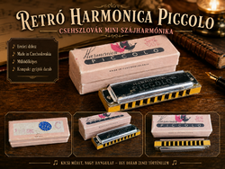 Retró Harmonica Piccolo csehszlovák mini szájharmónika, eredeti dobozban