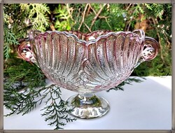 Original Walther Glas, rózsaszínű, hattyúkat mintázó, talpas, üveg kínáló tál