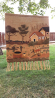 Retro gyapjú, juta  faliszőnyeg, kézi szőttes, tájkép, címkés, kb. 1m.x 1m,, falvédő
