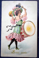 Antik  Újévi üdvözlő  litho  képeslap - zenélő hülgy, dob , cintányér     1905