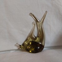 Retró Murano stílusú füst/olajzöld tömör üveg hal figura / szobor (11,5 cm)