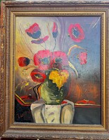 Jakubik István - Nagy pipacsos csendélet vázában, kiemelt aranykeretben