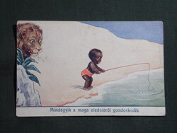 Képeslap,grafikai,gyerek modell,néger kisfiú horgászik,oroszlán, 1938-