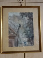 Akvarell kép. Belvárosi utcakép. Kép mérete: 51 x 38 cm. Jókai