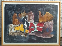 Dús László (1941-): Kompozíció - nagyméretű színes grafika, 98x74 cm kerettel