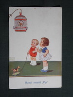 Képeslap,John Wills grafikai,gyerek modell,kislány,madárkalitka, 1938-