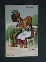 Képeslap,litho,grafikai,művészet,kutya szerelem,romantika,1908-