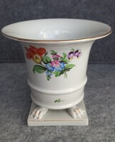 Herendi vintage oroszlánkörmös porcelán váza/kaspó virágcsokor mintával és aranyozott peremmel