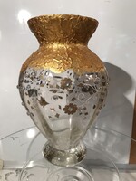 VÁZA - ÜVEG - 3 D - MINTA - KÉZZEL FESTETT - ARANYOZOTT - 21 x 13 cm  - NÉMET - HIBÁTLAN