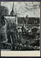 Budapest / Halászbástya és Országház  -  retro képeslap -  Szabó Vladimir grafikája után (HUNGEXPO)
