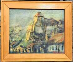 Incze János Dénes ? Esztergom várfal, esztergomi vár részlet olaj- vászon festmény 69 x 59 cm