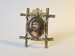 19. századi kézzel festett porcelán Jézus kép réz keretben