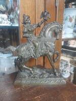 Régi Bronz-Réz Vadász Jelenetes Sólymot Reptető Hölgy Lovas Figura,Szobor.19 cm.