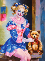 Játékidő II. bohóc portré olajfestmény lány Jester Clown 40 x 30 cm