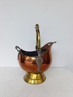 Antik kaspó patinás vörösréz virág tartó delfti mintás porcelán sárgaréz füllel 254 7365