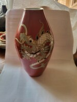 Ritka Schaubach Kunst vörös sárkányos porcelán váza – 16 cm, hibátlan!